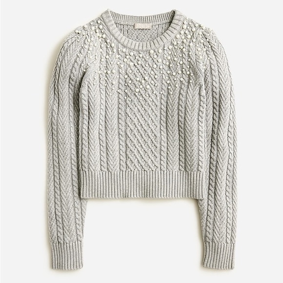 J.Crew Pearl Embellished Cotton Cable-Knit Sweater Gray Medium Style #BS979 - Picture 2 of 4